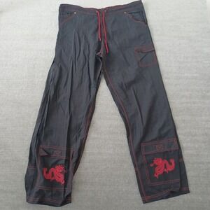 Y2K Baggy Windbreaker Pants Mens M Black Embroidered Dragon Cargo Shinobi Rave